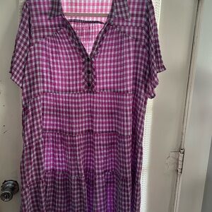 Umgee Pink and White Gingham Short Sleeve Tiered Dress